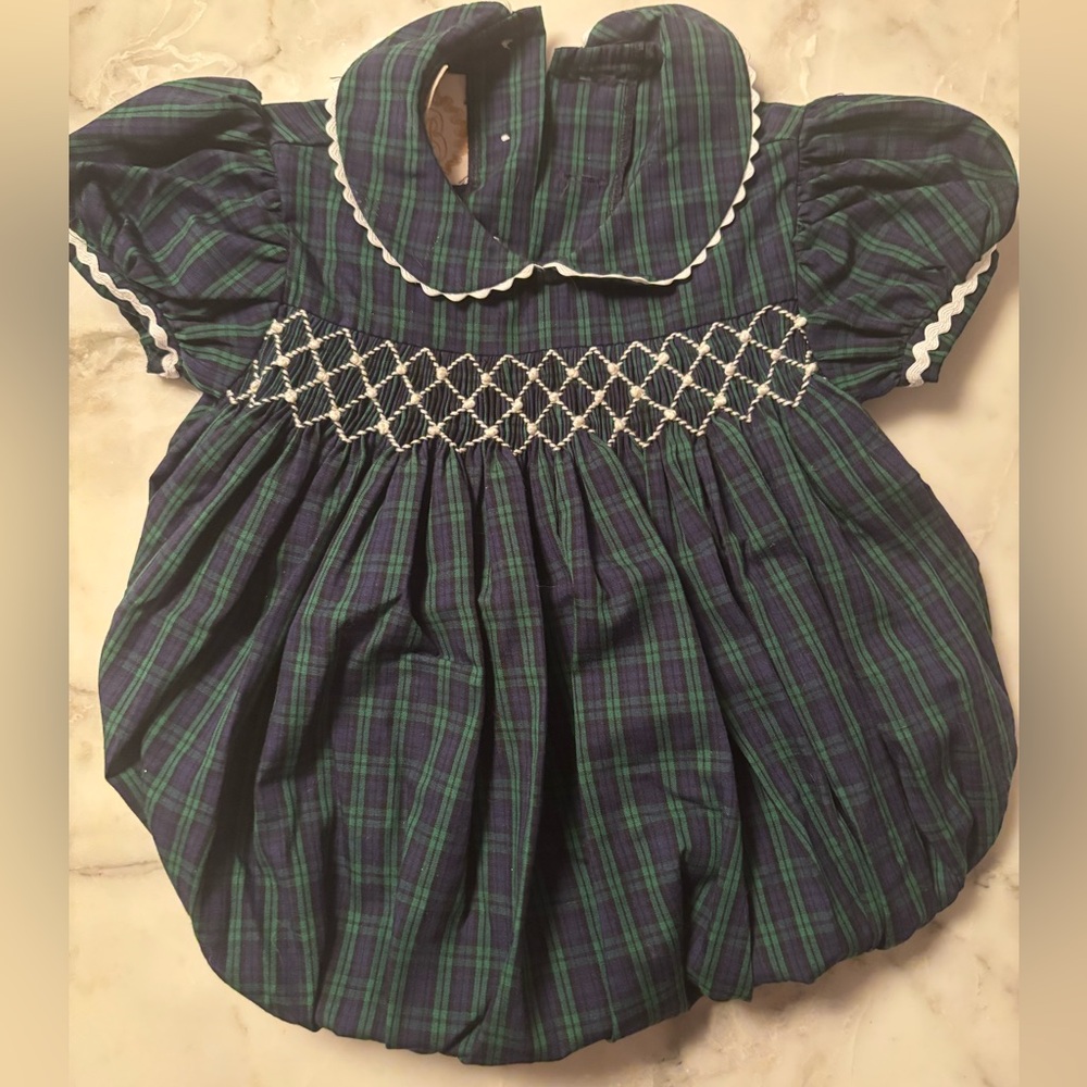 The Beaufort Bonnet Company Green Blue Plaid Smocked Bubble Ric Rac Dottie Hart
